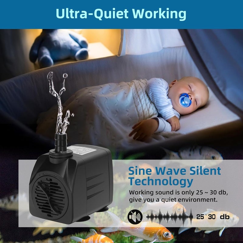 DATOO Mini Submersible Fountain Water Pump With LED Light 400GPH 25W Small Ultra Quiet Water Pump With Tubing For Aquarium Fish Tank Outdoor Pond Water Feature Fountain Statuary - Image 4